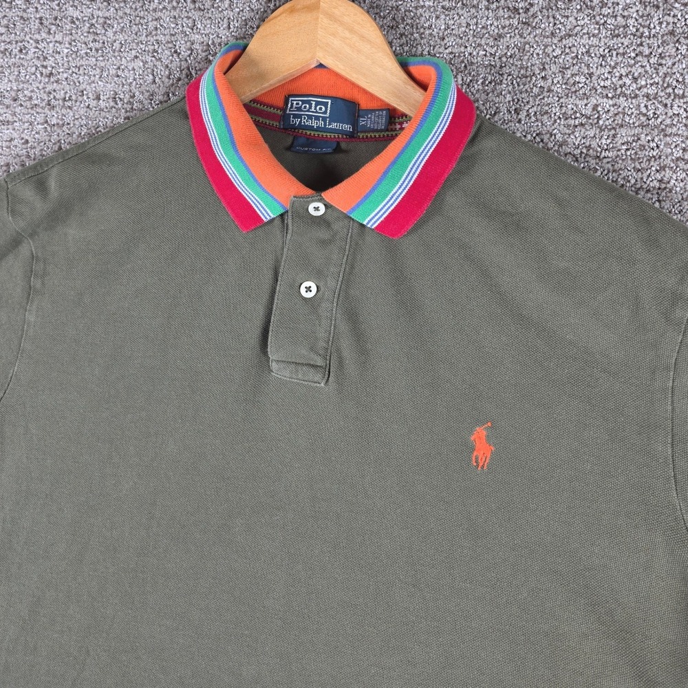 Polo Ralph Lauren Mens Green‎ Custom Fit Polo Shirt XL Striped Colorful Collar